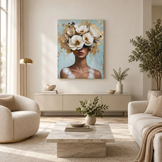 Anima in fiore quadro su tela di una donna con il volto nascosto da un rigoglioso copricapo di fiori bianchi e dettagli in foglia oro su uno sfondo materico azzurro e bianco.