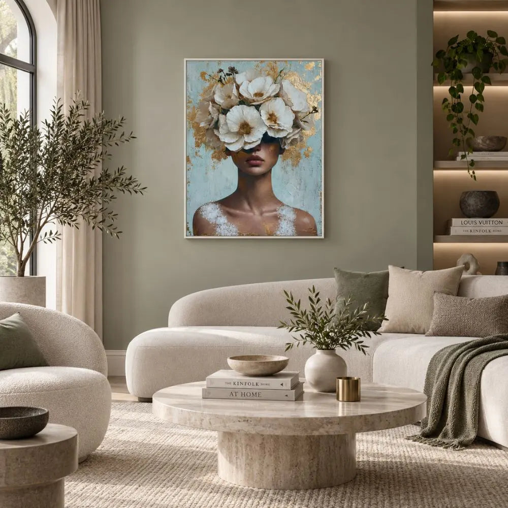 Anima in fiore quadro su tela con cornice bianca di una donna con il volto nascosto da un rigoglioso copricapo di fiori bianchi e dettagli in foglia oro su uno sfondo materico azzurro e bianco.