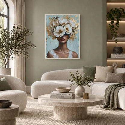 Anima in fiore quadro su tela con cornice bianca di una donna con il volto nascosto da un rigoglioso copricapo di fiori bianchi e dettagli in foglia oro su uno sfondo materico azzurro e bianco.