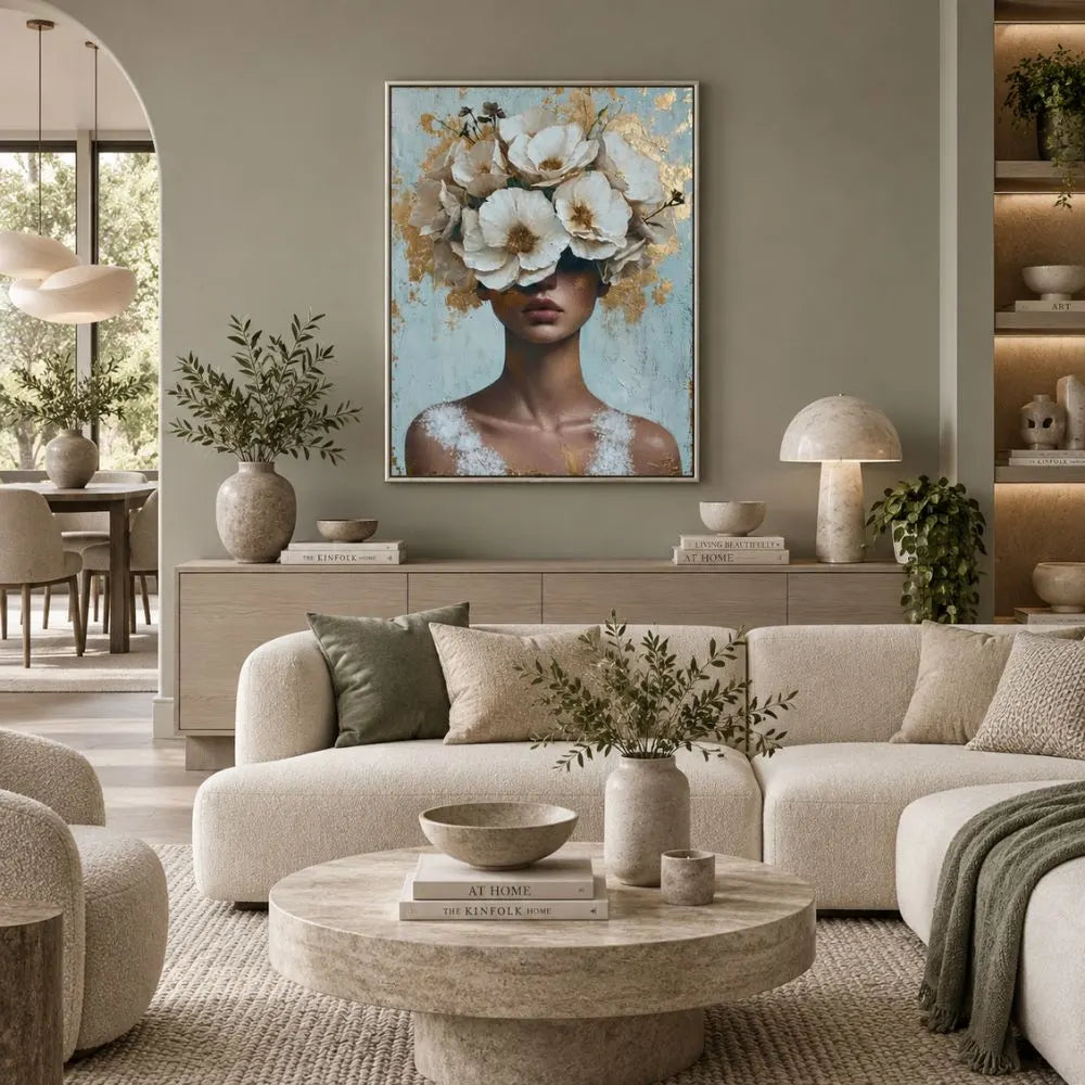 Anima in fiore quadro su tela con cornice argento di una donna con il volto nascosto da un rigoglioso copricapo di fiori bianchi e dettagli in foglia oro su uno sfondo materico azzurro e bianco.