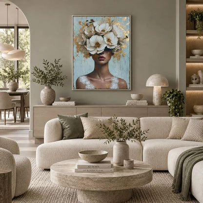Anima in fiore quadro su tela con cornice argento di una donna con il volto nascosto da un rigoglioso copricapo di fiori bianchi e dettagli in foglia oro su uno sfondo materico azzurro e bianco.