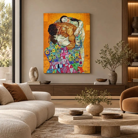 La Famiglia di Gustav Klimt quadro su tela con figure abbracciate e motivi decorativi colorati, quadro d’arte per soggiorno elegante