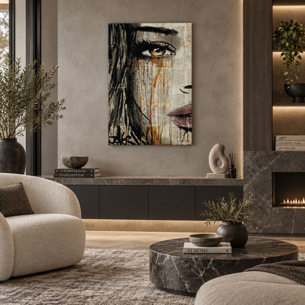 Lacrime sul Viso quadro moderno su tela con volto femminile, occhio e colature astratte su sfondo collage per soggiorno moderno