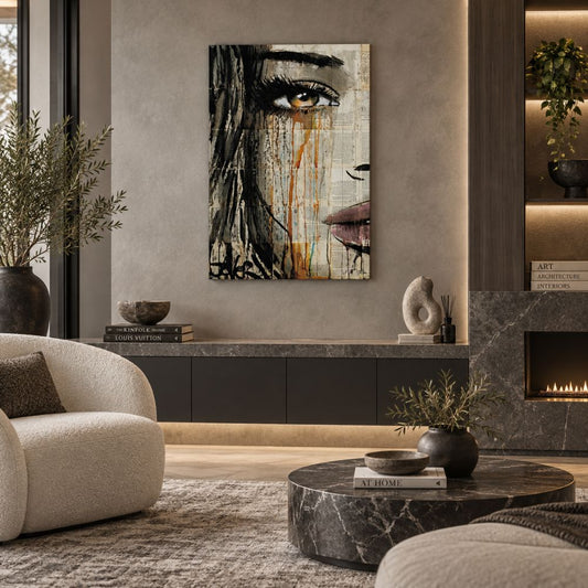 Lacrime sul Viso quadro moderno su tela con volto femminile, occhio e colature astratte su sfondo collage per soggiorno moderno