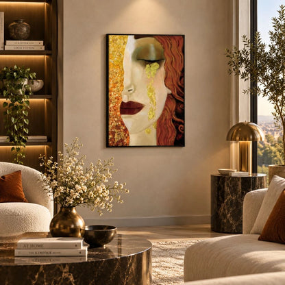 Le Lacrime di Freyja – Anne Marie Zilberman è un quadro su tela con cornice nera di un volto femminile malinconico con lacrime in tonalità oro e azzurro su tela, visione laterale