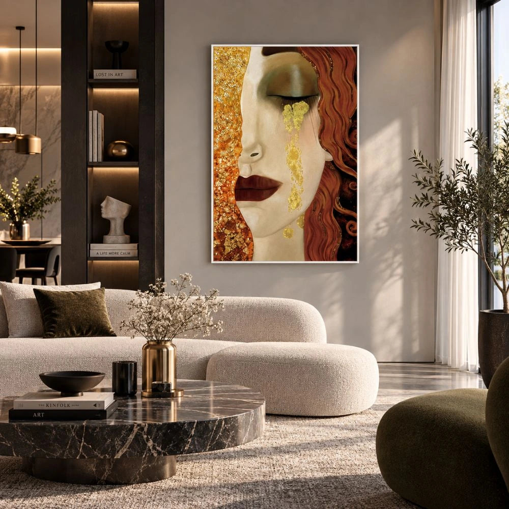 Le Lacrime di Freyja – Anne Marie Zilberman è un quadro su tela con cornice bianca di un volto femminile malinconico con lacrime in tonalità oro e azzurro su tela, visione laterale