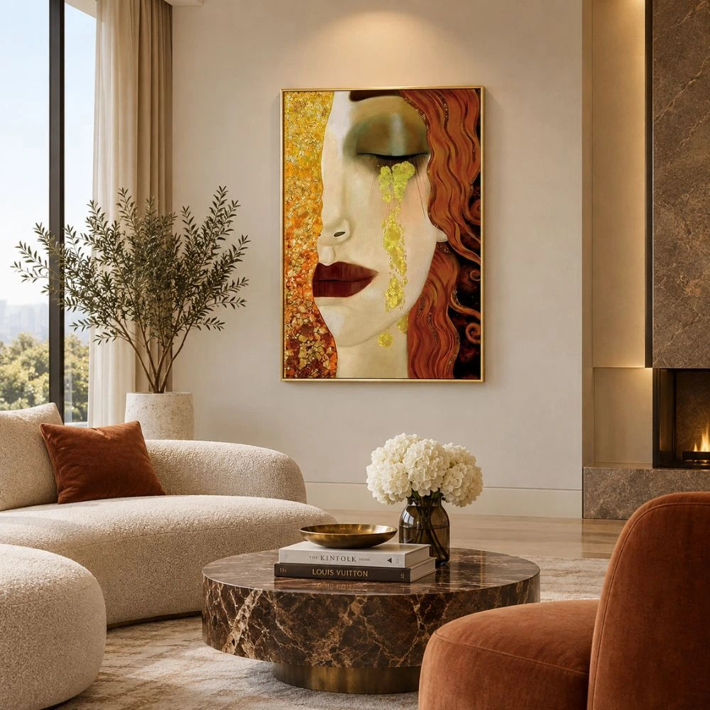 Le Lacrime di Freyja – Anne Marie Zilberman è un quadro su tela con cornice oro di un volto femminile malinconico con lacrime in tonalità oro e azzurro su tela, visione laterale