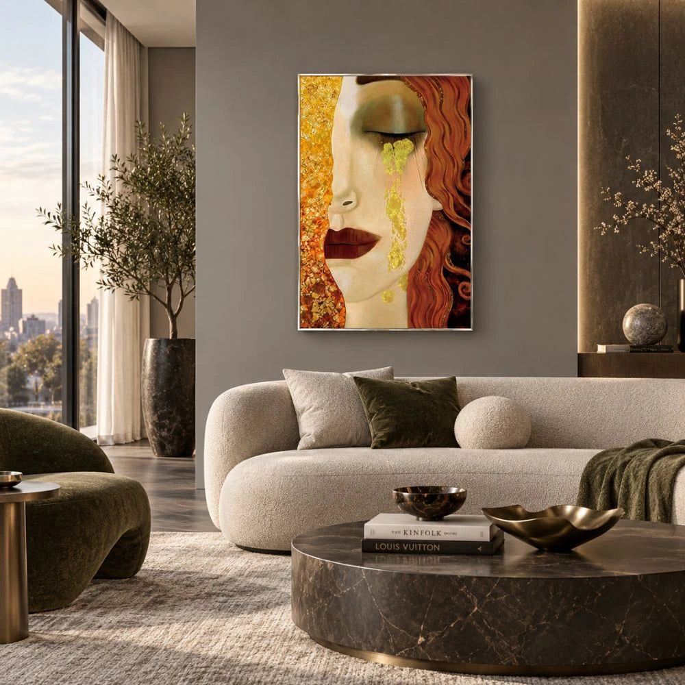 Le Lacrime di Freyja – Anne Marie Zilberman è un quadro su tela con cornice argento di un volto femminile malinconico con lacrime in tonalità oro e azzurro su tela, visione laterale