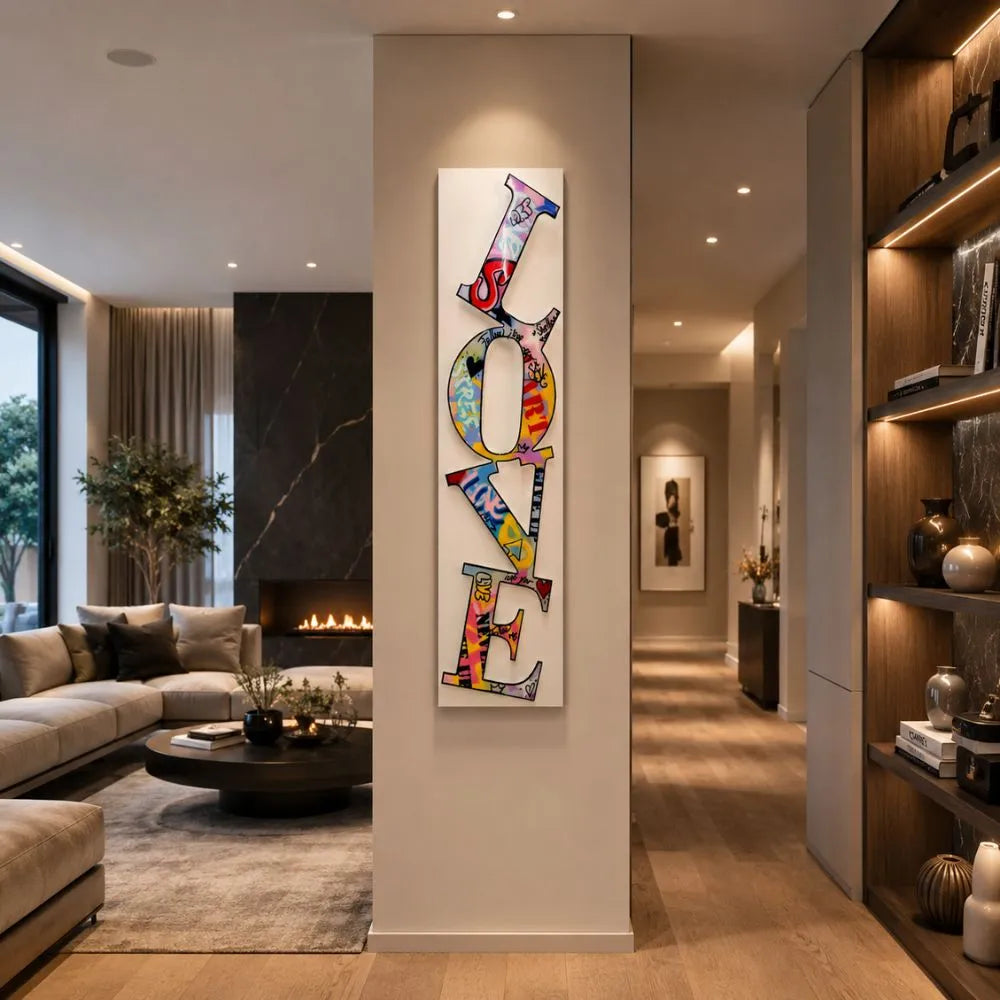 Quadro su tela “Love Graffiti” con scritta colorata e vibrante in stile street art, perfetto per dare un tocco urban e romantico alla tua casa