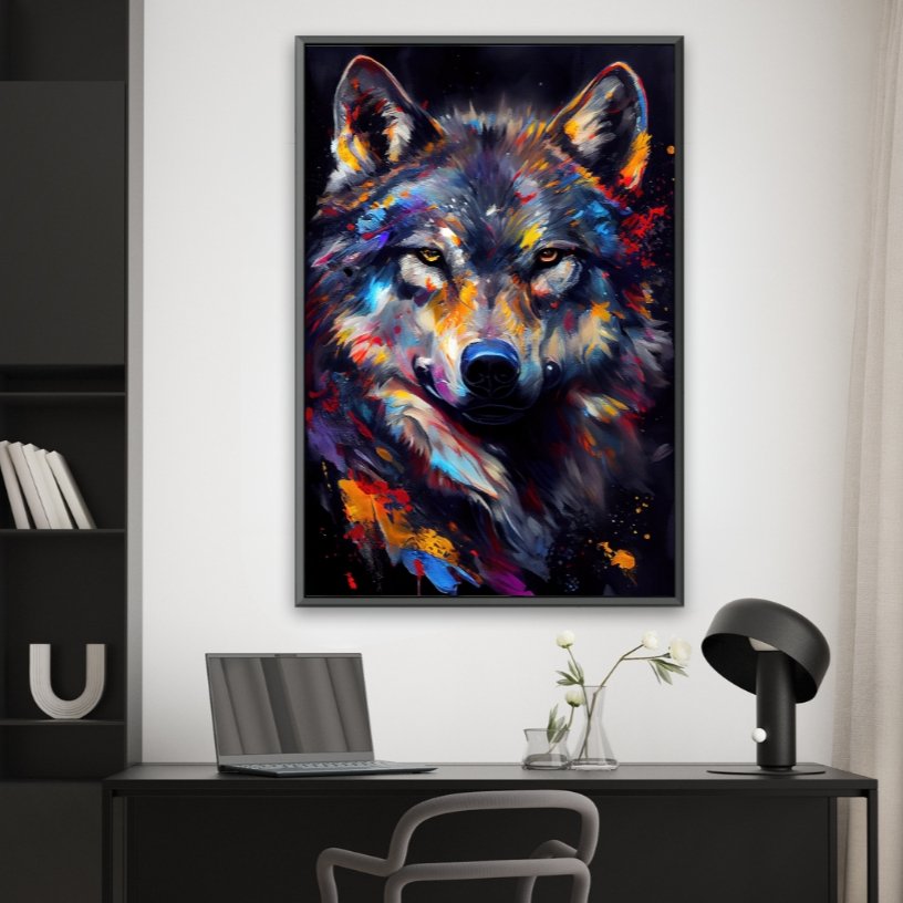 Quadro su tela “Lupo Solitario Graffiti” con immagine di un lupo stilizzato e colori intensi, design street art ideale per ambienti urbani e contemporanei