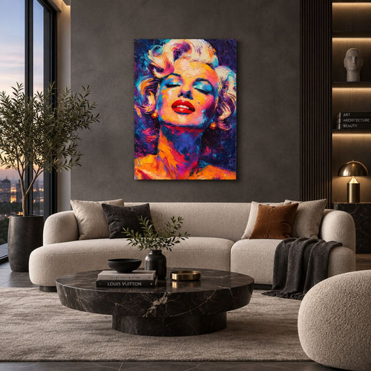 Quadro moderno pop art con ritratto di Marilyn Monroe dai colori vivaci e stile materico, perfetto per arredare con eleganza e personalità.