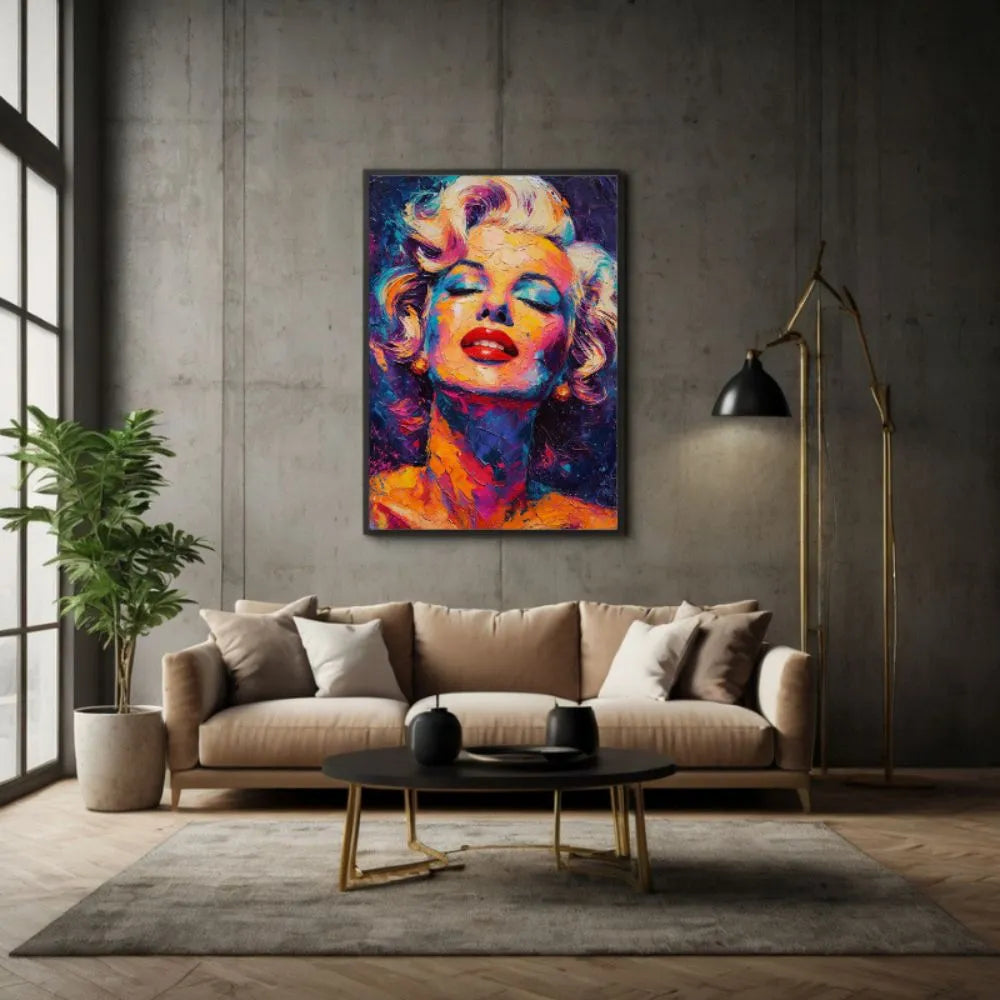 Quadro moderno pop art con cornice nera minimal del ritratto di Marilyn Monroe dai colori vivaci e stile materico, perfetto per arredare con eleganza e personalità