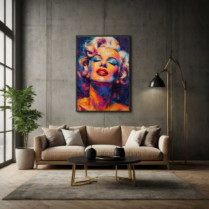 Quadro moderno pop art con cornice nera minimal del ritratto di Marilyn Monroe dai colori vivaci e stile materico, perfetto per arredare con eleganza e personalità