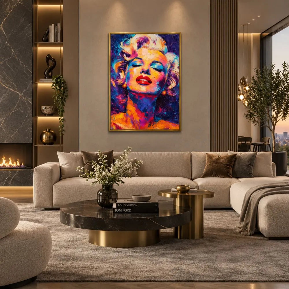 Quadro moderno pop art con cornice oro minimal del ritratto di Marilyn Monroe dai colori vivaci e stile materico, perfetto per arredare con eleganza e personalità