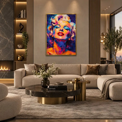 Quadro moderno pop art con cornice oro minimal del ritratto di Marilyn Monroe dai colori vivaci e stile materico, perfetto per arredare con eleganza e personalità