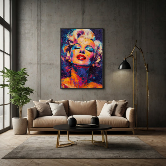 Quadro moderno pop art con ritratto di Marilyn Monroe dai colori vivaci e stile materico, perfetto per arredare con eleganza e personalità.