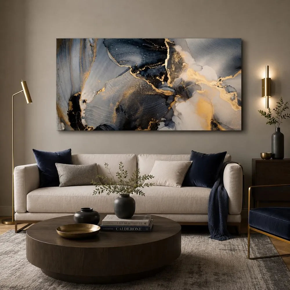 Quadro su tela Marmo Astratto Blu con effetto marmo astratto nei toni del blu, nero, bianco e oro in ambiente moderno elegante