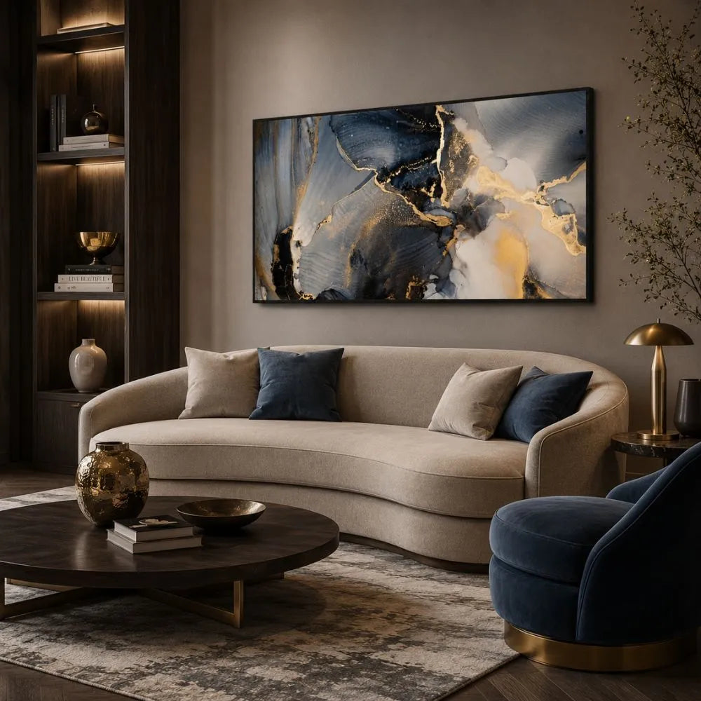 Quadro su tela Marmo Astratto Blu con effetto marmo astratto nei toni del blu, nero, bianco e oro in ambiente moderno elegante