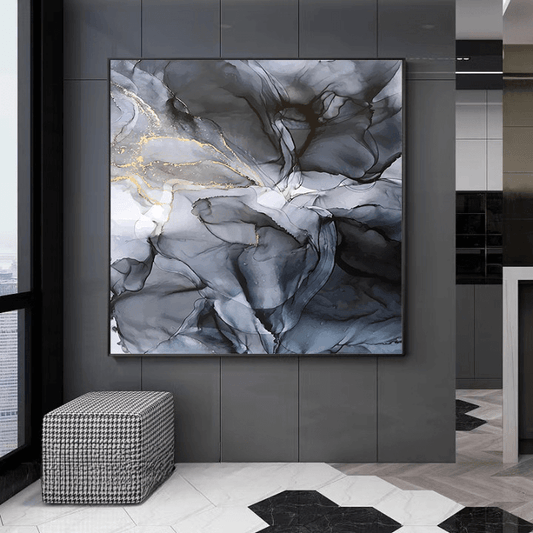 Quadro astratto che riproduce venature di marmo grigio e nero
