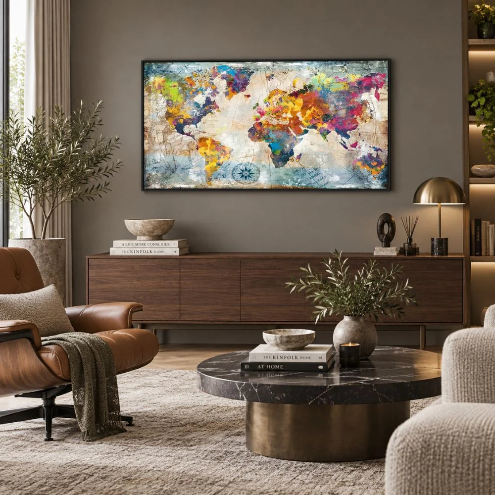 Quadro su tela con cornice nera astratto 'Mondo in Trame Colorate' con intrecci di colori vivaci e dinamici, ideale per arredamenti moderni