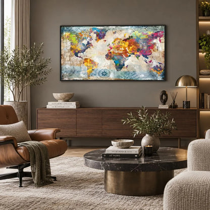 Quadro su tela con cornice nera astratto 'Mondo in Trame Colorate' con intrecci di colori vivaci e dinamici, ideale per arredamenti moderni