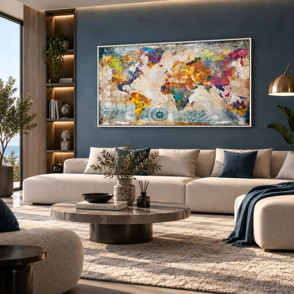 Quadro su tela con cornice bianca astratto 'Mondo in Trame Colorate' con intrecci di colori vivaci e dinamici, ideale per arredamenti moderni