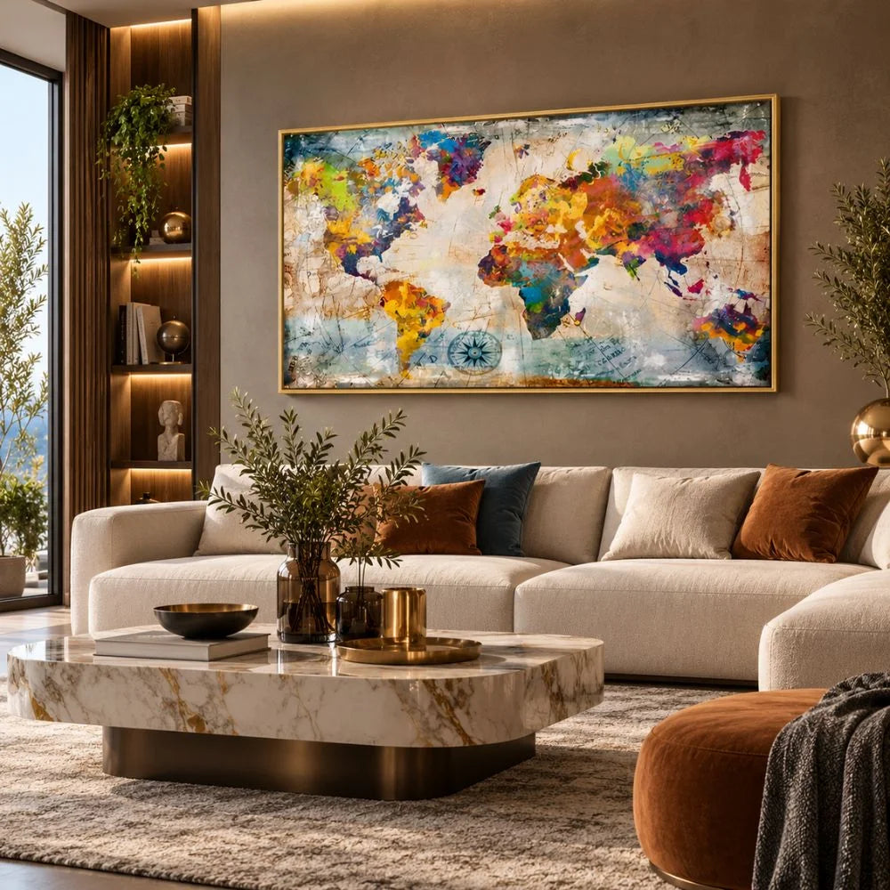 Quadro su tela con cornice oro astratto 'Mondo in Trame Colorate' con intrecci di colori vivaci e dinamici, ideale per arredamenti moderni