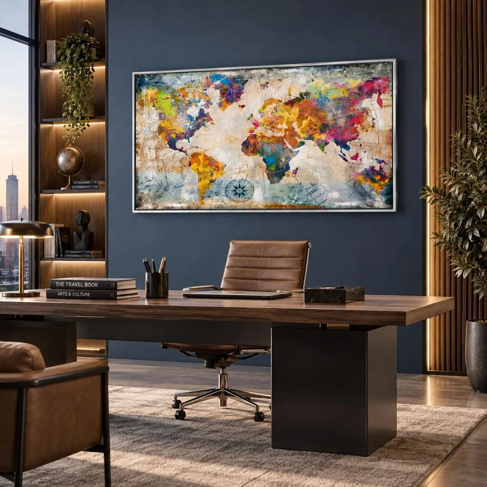 Quadro su tela con cornice argento astratto 'Mondo in Trame Colorate' con intrecci di colori vivaci e dinamici, ideale per arredamenti moderni