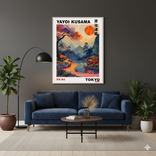 Paesaggio del Sol Levante Yayoi Kusama: quadro astratto moderno su tela, caratterizzato da un grande sole rosso e linee geometriche a pois, una stampa su tela minimalista di grande effetto.