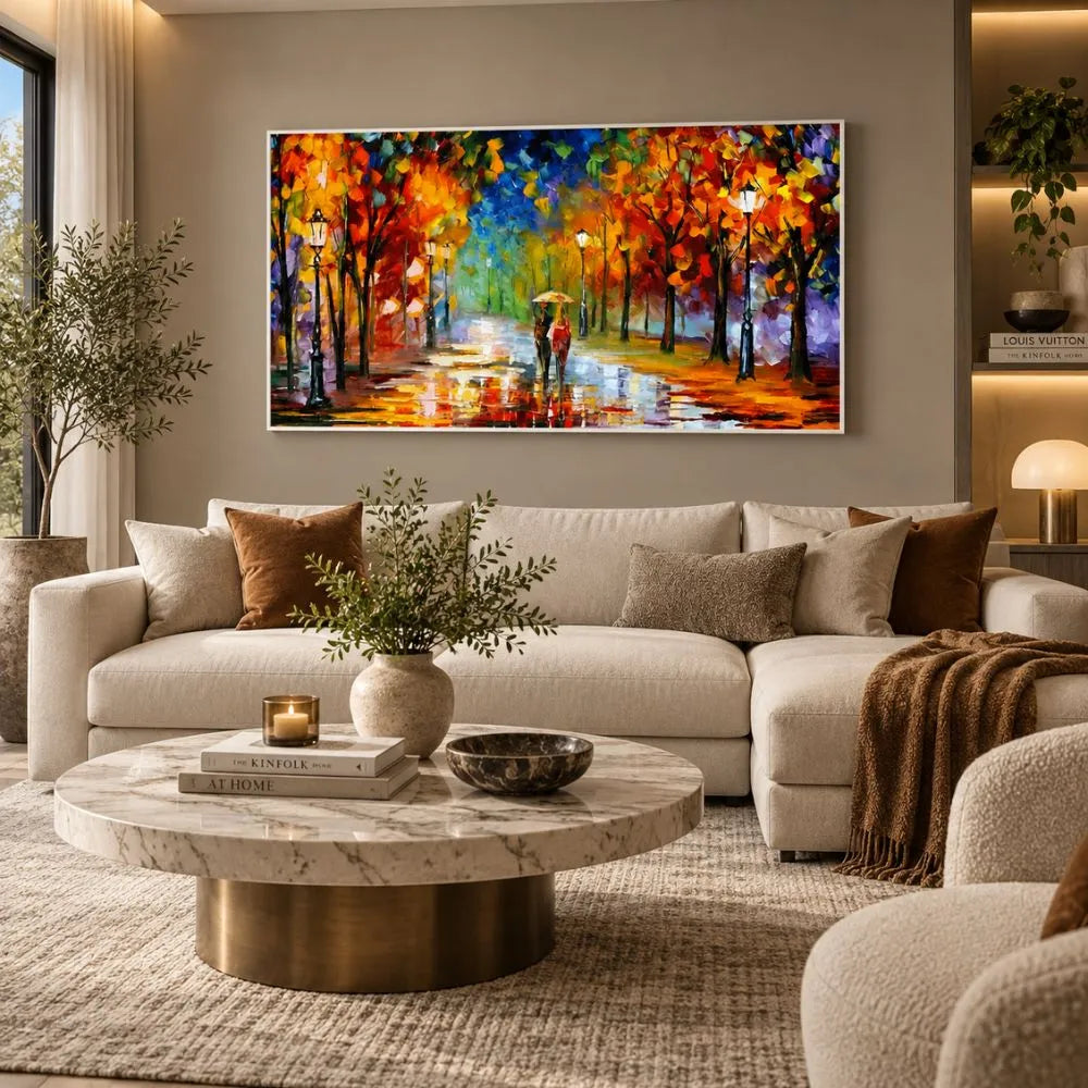 Quadro su tela con cornice bianca'Passeggiate di Sera', con un paesaggio serale che cattura l'incanto di una passeggiata al tramonto, aggiungendo eleganza alla tua casa.