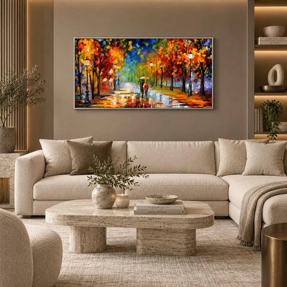 Quadro su tela con cornice argento 'Passeggiate di Sera', con un paesaggio serale che cattura l'incanto di una passeggiata al tramonto, aggiungendo eleganza alla tua casa.