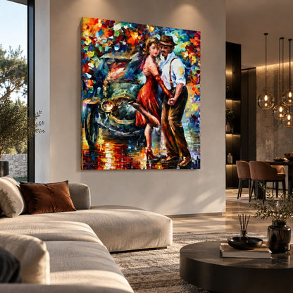 Quadro su tela “Passi Armoniosi” raffigurante una coppia che danza in armonia, con colori delicati e design contemporaneo, perfetto per ambienti raffinati