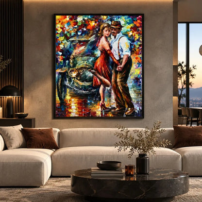 Quadro su tela “Passi Armoniosi” raffigurante una coppia che danza in armonia, con colori delicati e design contemporaneo, perfetto per ambienti raffinati