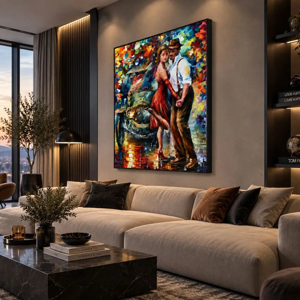 Quadro su tela “Passi Armoniosi” raffigurante una coppia che danza in armonia, con colori delicati e design contemporaneo, perfetto per ambienti raffinati