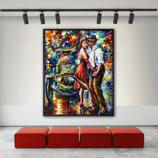 Quadro su tela “Passi Armoniosi” raffigurante una coppia che danza in armonia, con colori delicati e design contemporaneo, perfetto per ambienti raffinati