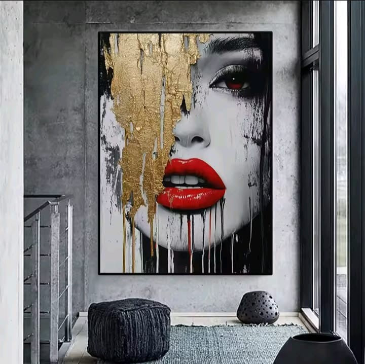 Passione Nascosta: quadro pop art donna rosso oro con colature d'oro e labbra rosse. Perfetto come quadri su tela e stampa su tela glamour moderno per arredo.