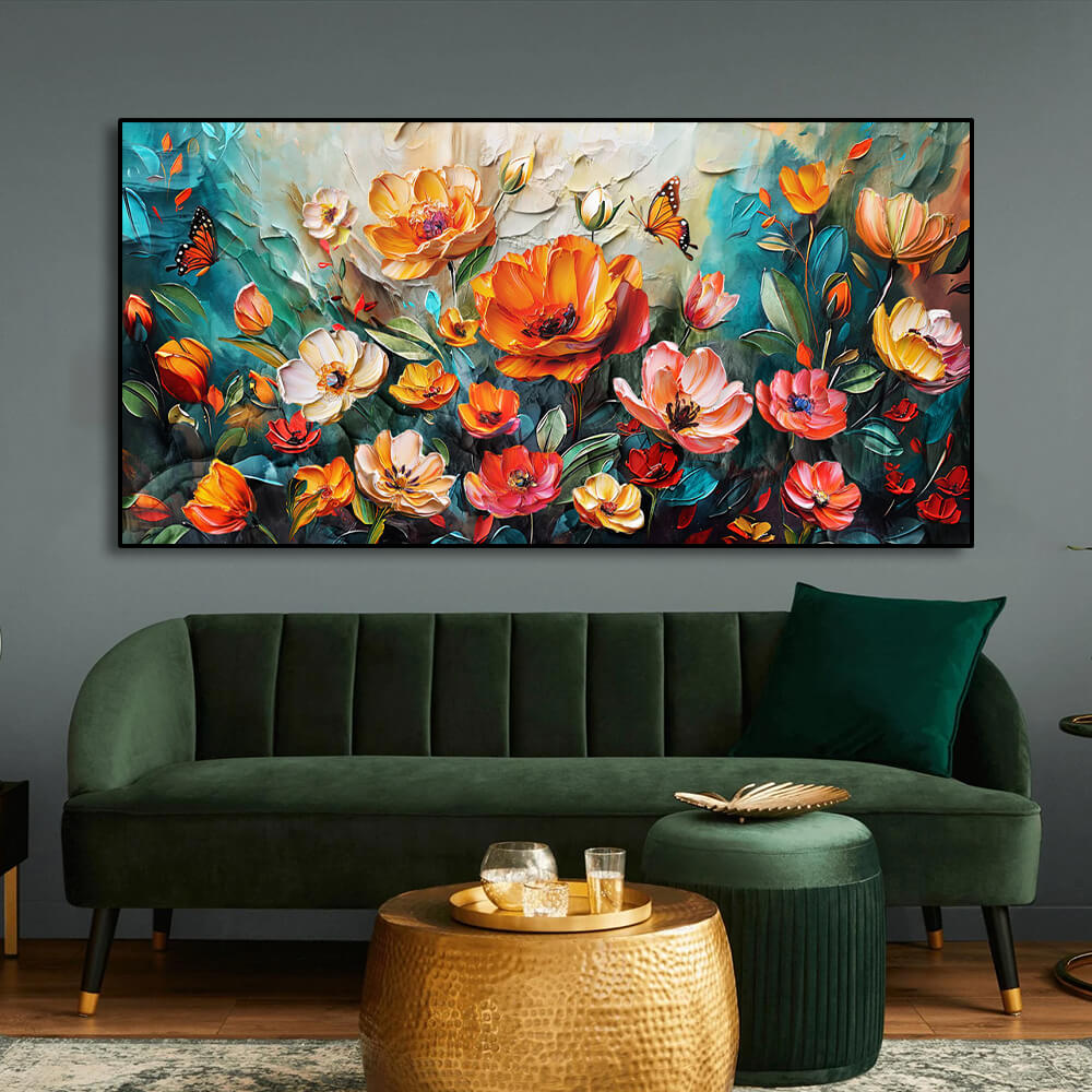 Quadro Primavera in Fiore: quadro moderno floreale con farfalle e vivaci stampa su tela fiori colorati. Perfetto per decorare soggiorno e camere da letto.