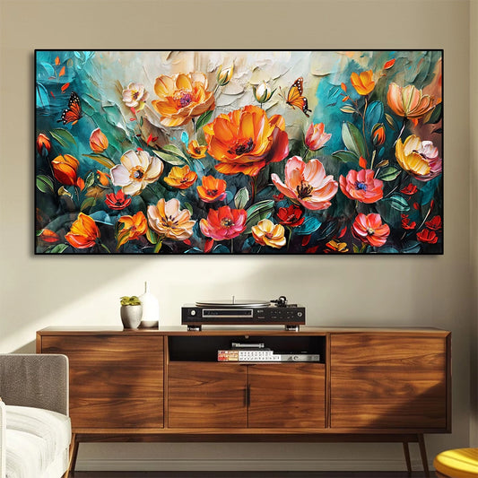 Quadro floreale moderno con fiori colorati e farfalle per decorare il soggiorno