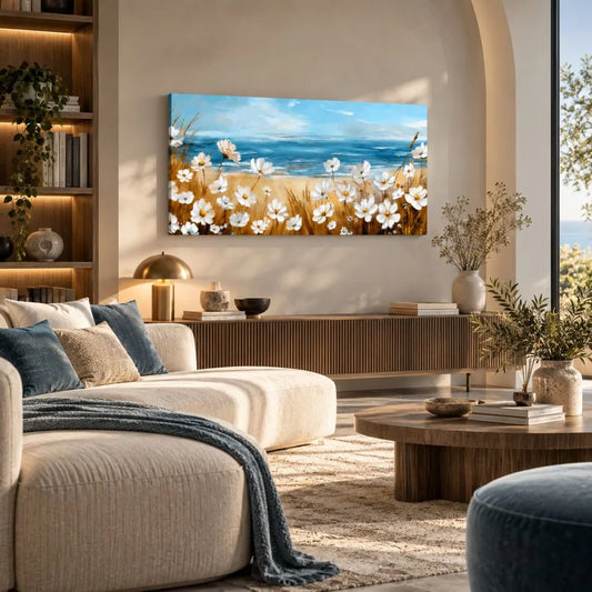 Profumo d'Estate, elegante quadro su tela moderno fiori e mare con delicati fiori bianchi in primo piano e una luminosa vista sul mare. Stampa su tela panorama estivo.