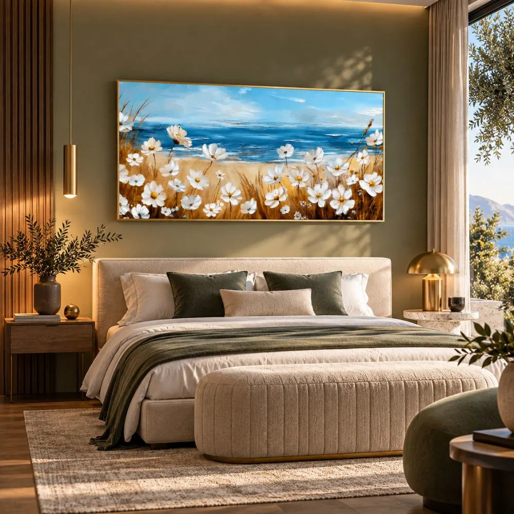 Profumo d'Estate, elegante quadro su tela moderno con cornice oro di fiori e mare con delicati fiori bianchi in primo piano e una luminosa vista sul mare. Stampa su tela panorama estivo.