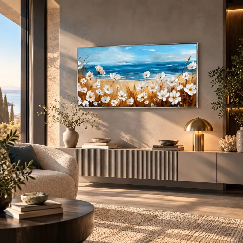 Profumo d'Estate, elegante quadro su tela moderno con cornice argento di fiori e mare con delicati fiori bianchi in primo piano e una luminosa vista sul mare. Stampa su tela panorama estivo.