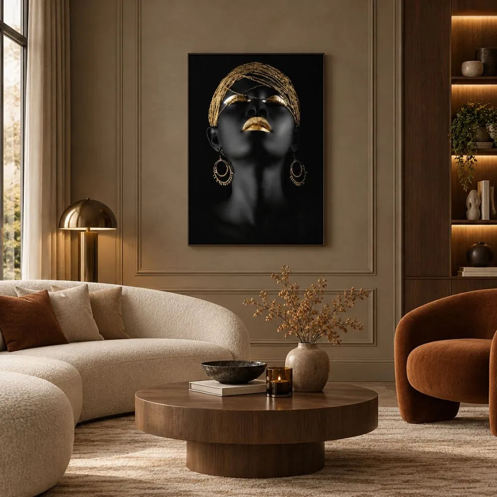 quadro su tela con cornice nera purezza gold è un volto femminile nero e oro arredamento elegante moderno