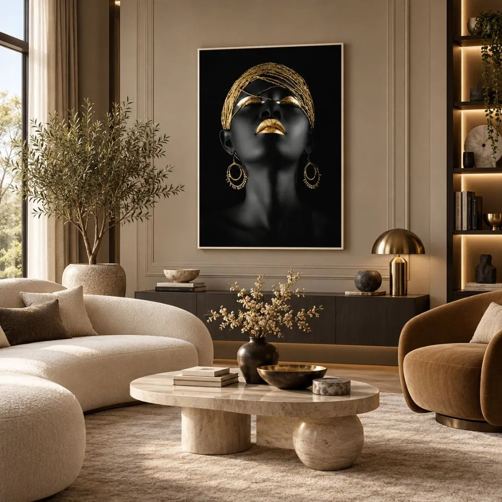quadro su tela con cornice bianca purezza gold è un volto femminile nero e oro arredamento elegante moderno