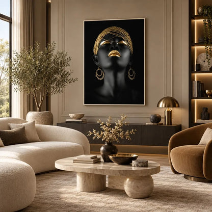 quadro su tela con cornice bianca purezza gold è un volto femminile nero e oro arredamento elegante moderno