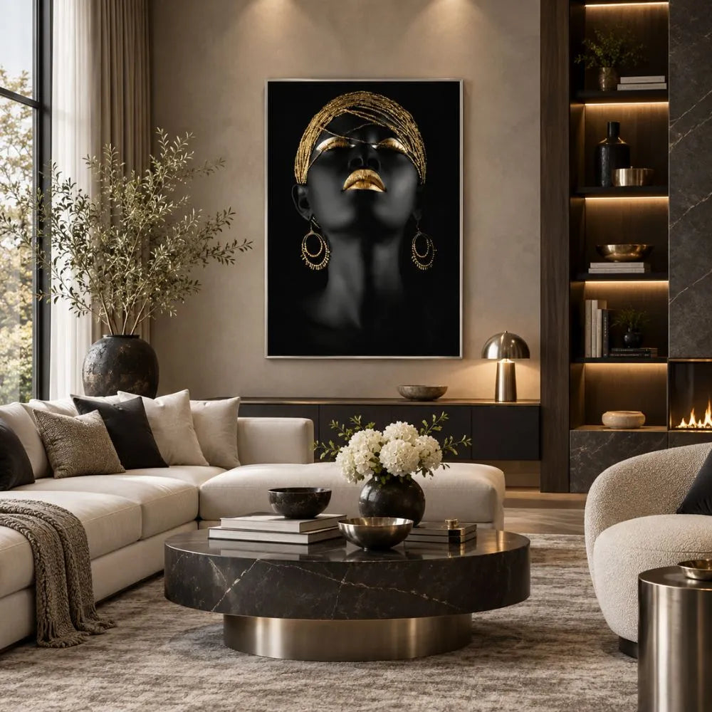 quadro su tela con cornice argento purezza gold è un volto femminile nero e oro arredamento elegante moderno