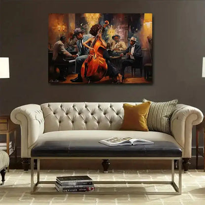 Quadro Passione Jazz: quadro musicisti jazz moderno con strumenti musicali e colori vibranti. Stampa su tela tema musicale per sale d'ascolto o salotti.