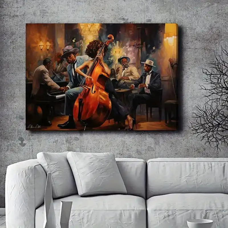 Quadro Passione Jazz: quadro musicisti jazz moderno con strumenti musicali e colori vibranti. Stampa su tela tema musicale per sale d'ascolto o salotti.