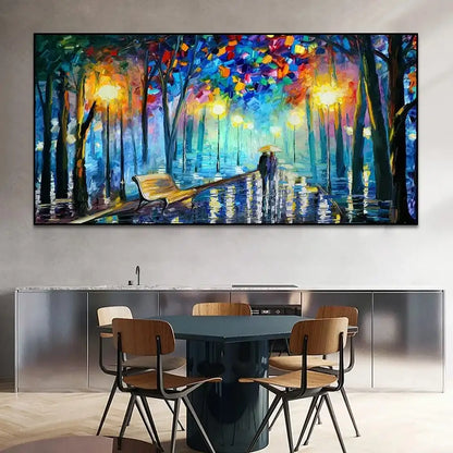 Quadro Romanticismo di Sera: quadro coppia passeggiata moderna in un paesaggio serale e alberato. Stampa su tela romantica paesaggio serale ideale per la camera da letto.