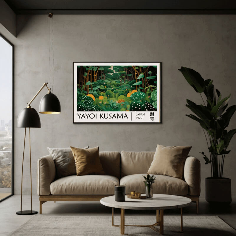 Quadro Yayoi Kusama Foresta Verde, un quadro a pois astratto in tonalità di verde e nero. Stampa su tela arte moderna giapponese dall'effetto ottico ipnotico.