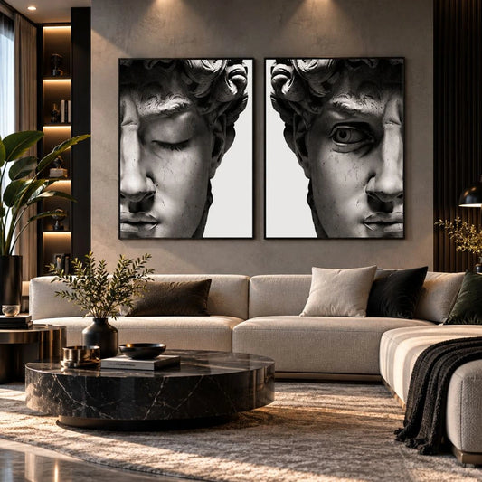 Set di 2 Quadri su tela Volto David di Michelangelo, una rappresentazione artistica del celebre volto della scultura rinascimentale con occhio chiuso e un occhio aperto simbolo di bellezza e perfezione.